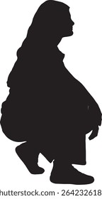 vector; silhouette of a side view of squatting yung woman 