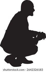 vector; silhouette of a side view of squatting man dressed in suit