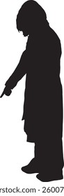Vector silhouette of a side view of a standing woman pointing down