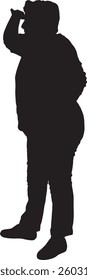 Vector silhouette of side view of a standing senior woman hand on forehead looking away