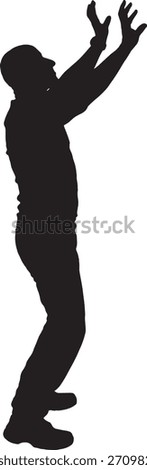 vector, silhouette of side view of a standing man holding or pushing something imaginary upwards.