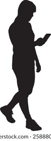 vector; silhouette; side view of  walking woman looking at her mobile phone