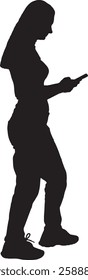 vector; silhouette; side view of  walking woman looking at her mobile phone