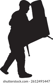  vector; silhouette of  side view of a walking man holding armchair 


