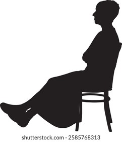 vector; silhouette side view of a woman sitting on chair legs and arms crossed