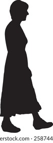 vector; silhouette; side view of a woman walking dressed long dress