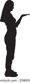 vector; silhouette; side view woman showing an imaginary object in her hand