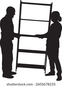 vector; silhouette side view of a woman and man holding wooden shelf