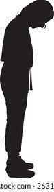  vector; silhouette of a side view of a woman stading and looking down, overall clothes