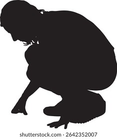 Vector; silhouette of a side view of a woman squatting searching or staring at something on the floor