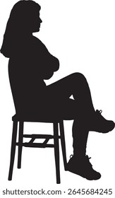 Vector; silhouette side view of woman sitting on chair and and dressed in sportswear arms and legs crossed