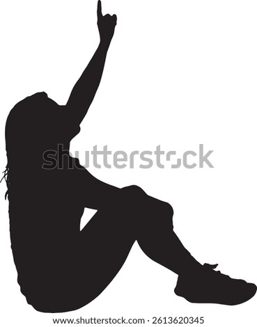Vector; silhouette side view of a woman sitting on the floor looking and pointing up