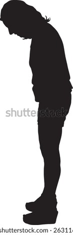  vector; silhouette of a side view of a woman stading and looking down, summer clothes