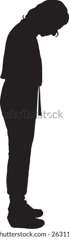  vector; silhouette of a side view of a woman stading and looking down, overall clothes