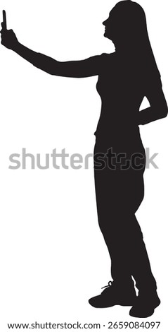  vector; silhouette of side view of a woman taking a self-portrait with smartphone