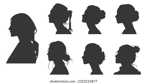 vector silhouette side view of woman's head. silhouette people side view. women's hairstyles. women's haircuts, silhouette face shape side view