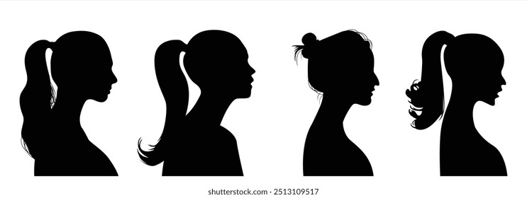 vector silhouette side view of woman's head. silhouette people side view. women's hairstyles. women's haircuts, silhouette face shape side view. Perfect for Logo, Design, and More.