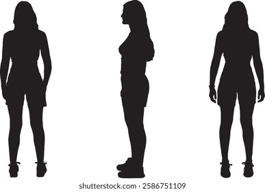 vector; silhouette side,back and front view of same girl standing