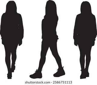 vector; silhouette side,back and front view of same woman walking