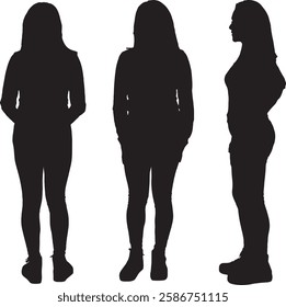 vector; silhouette side,back and front view of same woman standing