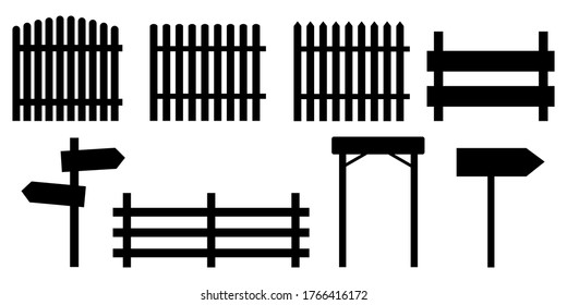 Vector silhouette of a sign post and fences. Black street signs and barriers. Flat road activities and obstacles.