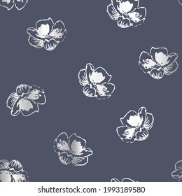 Flores plateadas de silueta vectorial sobre fondo de patrón sin fisuras oscuro. Perfecto para proyectos de tela, papel pintado y scrapbooking.