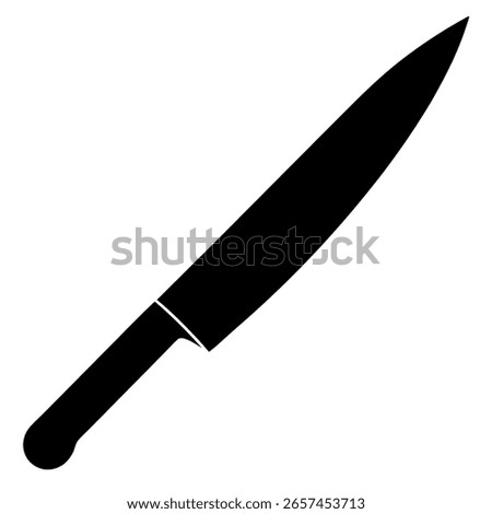 Vector silhouette of a single chef knife in solid black, isolated on a white background, minimal and clean design ideal for icons or culinary graphics.