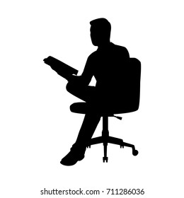 Vector silhouette of a sitting businessman on chair. Isolated vector on  white background.