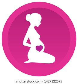 Vector silhouette sitting of pregnant woman with heart on pink circle background. Isolated on white background