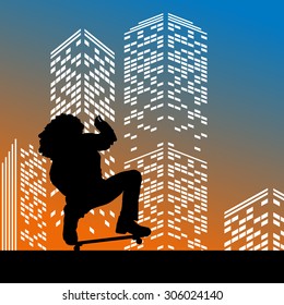 Vector silhouette skateboarder on color skyscraper background