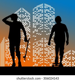 Vector silhouette skateboarder on color skyscraper background