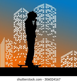 Vector silhouette skateboarder on color skyscraper background