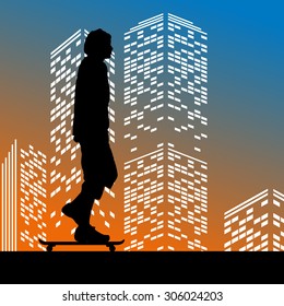 Vector silhouette skateboarder on color skyscraper background