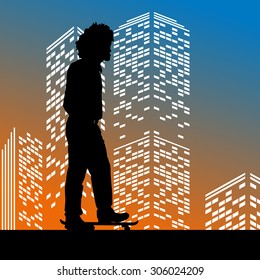 Vector silhouette skateboarder on color skyscraper background