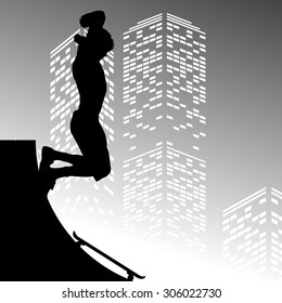 Vector silhouette skateboarder on grey skyscraper background
