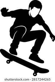 Vector silhouette of skateboarder performing high ollie jump trick.