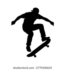 Vector silhouette of a skateboarder performing a trick on a skateboard in a vector format.