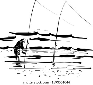 the vector silhouette sketch of the fisherman to do surf fishing on the beach