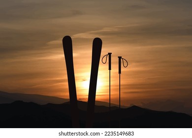 Vector silhouette of ski on sunset background. Symbol of winter and sport.