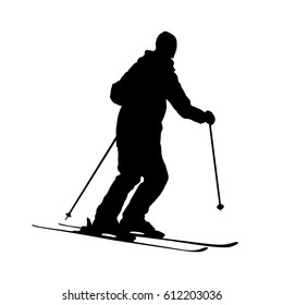 Vector silhouette of a skiing man. Black on white