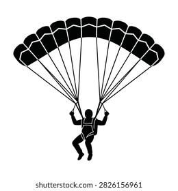 Vector silhouette of a skydiver in freefall with a rectangular parachute fully deployed. Black figure against white background. Ideal for sports and adventure designs.