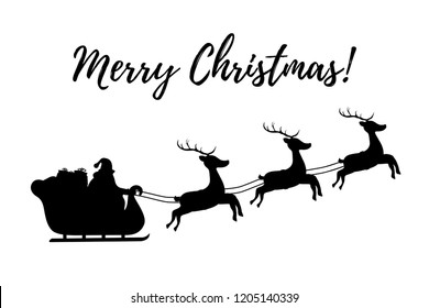 Vector silhouette of sleigh with Santa Claus and reindeers. Flying animals, magic sledge with sack of gifts. Christmas symbol, decoration in black color isolated on white background.