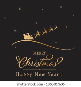 Vector silhouette of sleigh with Santa Claus and reindeers. Flying animals, magic sledge with sack of gifts. Christmas symbol, decoration in gold color isolated on brown background.