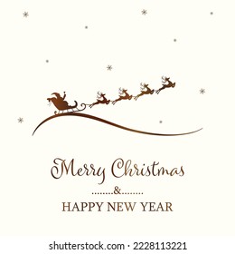 Vector silhouette of the sleigh with Santa Claus and reindeers. Flying deer, magic sleigh with gifts. Christmas symbol, decoration in gold color isolated on red background. Christmas Background.