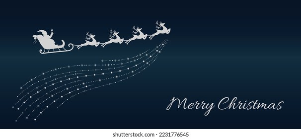 Vector silhouette of the sleigh with Santa Claus and reindeers. Flying Santa and deers, magic sleigh with gifts. Christmas symbol, decoration in gold color isolated on brown background.