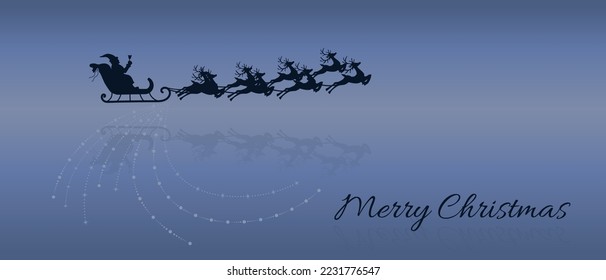 Vector silhouette of the sleigh with Santa Claus and reindeers. Flying Santa and deers, magic sleigh with gifts. Christmas symbol, decoration in gold color isolated on brown background.