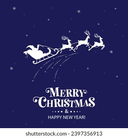 Vector silhouette of the sleigh with Santa Claus and reindeers. Flying deer, magic sleigh with gifts. Christmas symbol, decoration in gold color isolated on Christmas background.