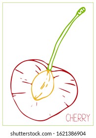 Vector silhouette of a slice of cherry. Isolated drawing fruit on a white background. Juicy healthy food design element. Vector stock illustration