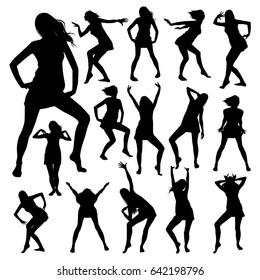 Vector silhouette of a slim girl dancing in a short dress with flying hair isolated on white background.