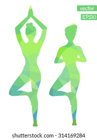 Vector silhouette of a slim woman doing yoga. Bright green colorful texture. Tree pose.